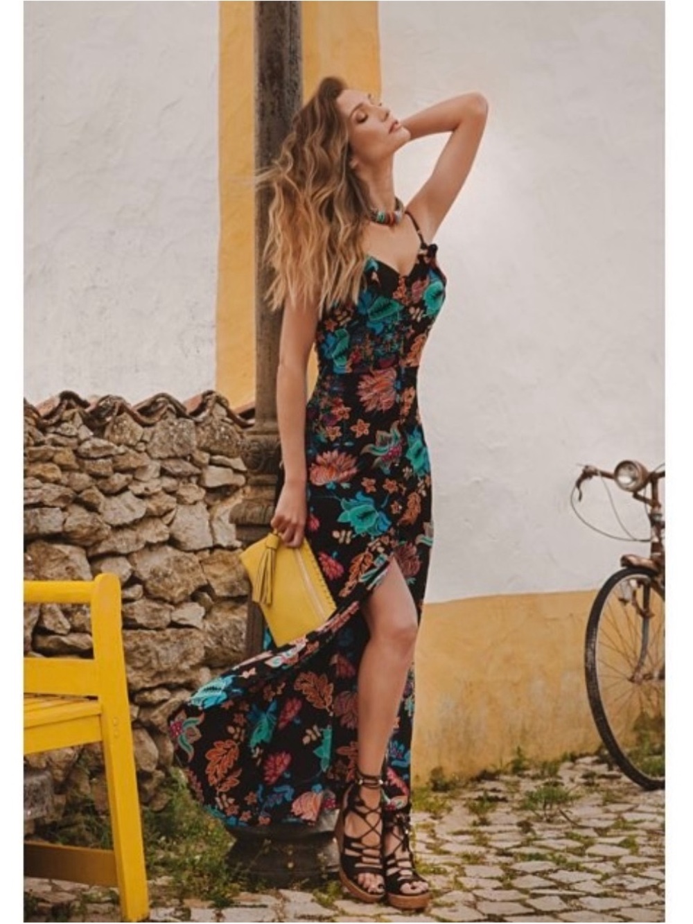 Floral Maxi Dress with front buttons Black Floral